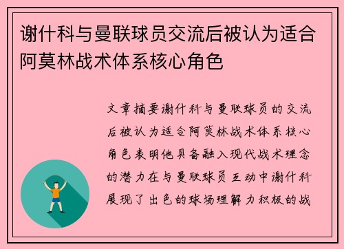 谢什科与曼联球员交流后被认为适合阿莫林战术体系核心角色