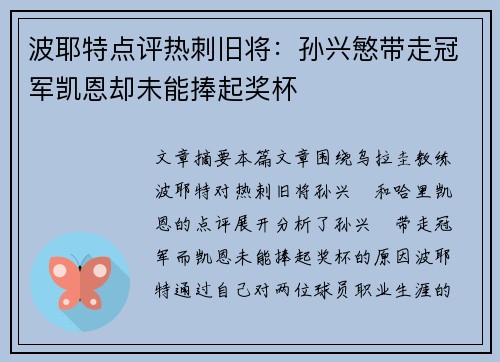 波耶特点评热刺旧将：孙兴慜带走冠军凯恩却未能捧起奖杯